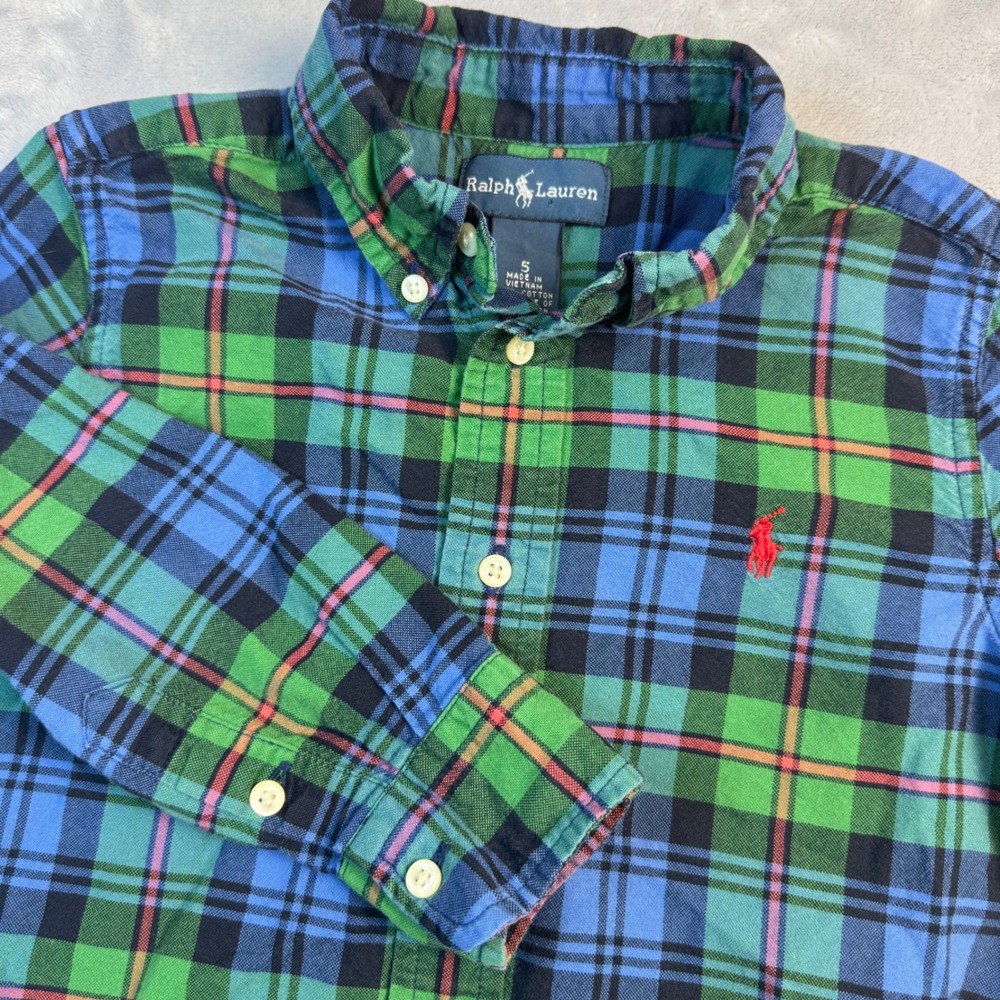 Ralph Lauren Button Down Shirt Boys Size Small Blue & Green Plaid L/S